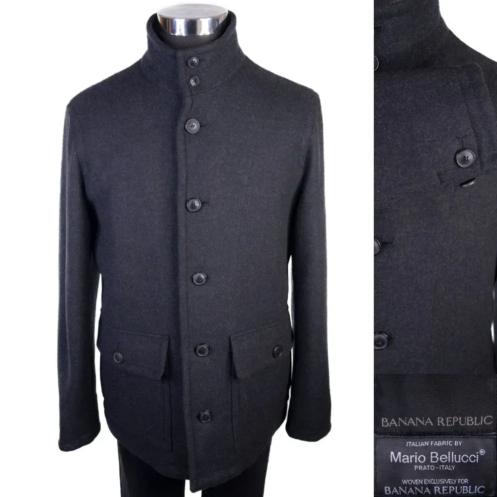 Banana Republic Coat PeaCoat Mens L Large Charcoal Gray Mario Bellucci Wool